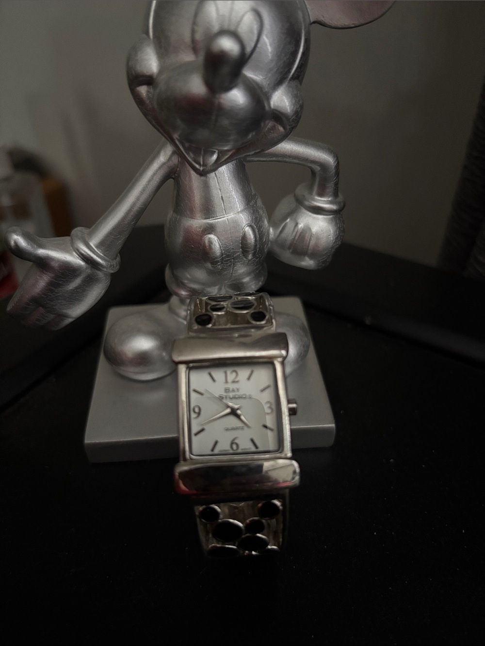 Bay Studio Silver-tone Quartz cuff Watch with Decorative black enamel circles